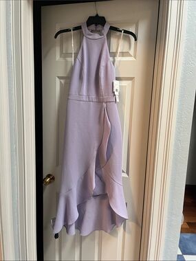 Aqua Lavender Halter Backless Ruffle Gown